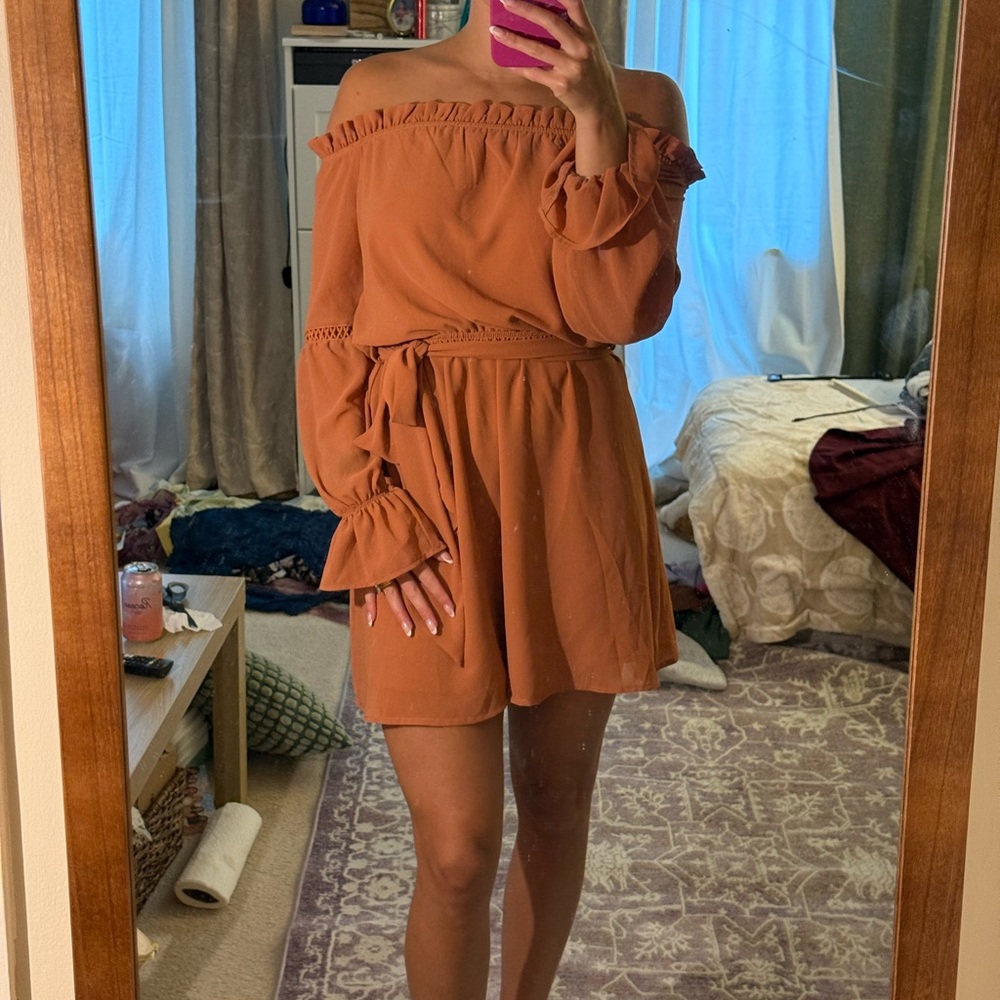 Elegant Off-Shoulder Long Sleeve Dress in Rust